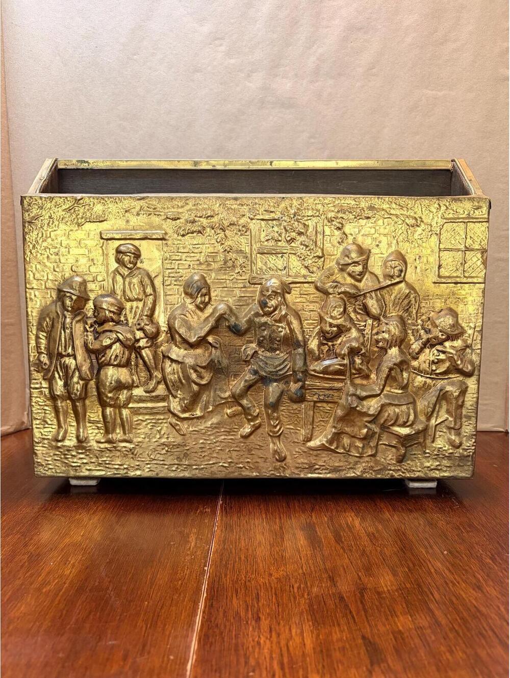 Vintage Brass & Wood Dutch Village Magazine Rack Embossed Newspaper Holder 14.5”